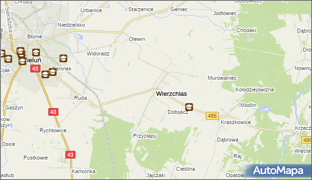 mapa Wierzchlas powiat wieluński, Wierzchlas powiat wieluński na mapie Targeo