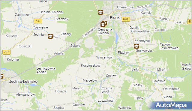 mapa Wincentów gmina Pionki, Wincentów gmina Pionki na mapie Targeo