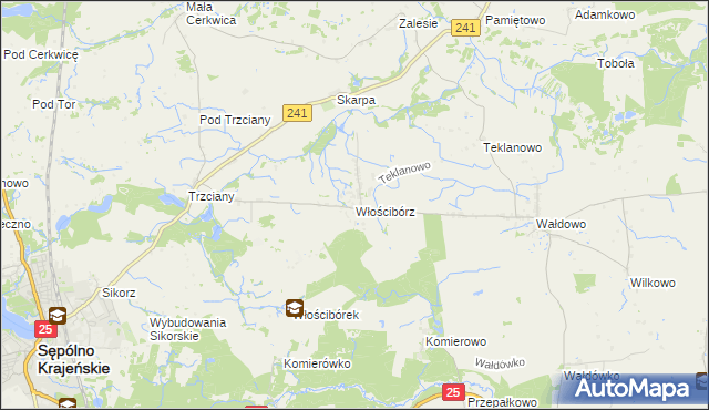 mapa Włościbórz gmina Sępólno Krajeńskie, Włościbórz gmina Sępólno Krajeńskie na mapie Targeo