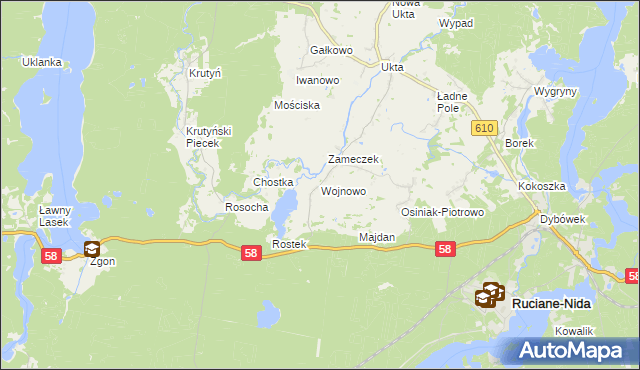 mapa Wojnowo gmina Ruciane-Nida, Wojnowo gmina Ruciane-Nida na mapie Targeo