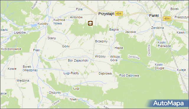 mapa Wrzosy gmina Przystajń, Wrzosy gmina Przystajń na mapie Targeo