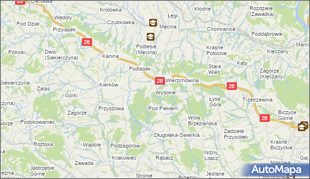 mapa Wysokie gmina Limanowa, Wysokie gmina Limanowa na mapie Targeo