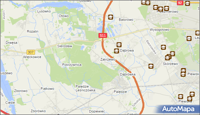 mapa Zakrzewo gmina Dopiewo, Zakrzewo gmina Dopiewo na mapie Targeo