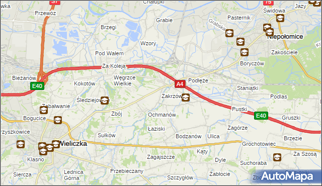 mapa Zakrzów gmina Niepołomice, Zakrzów gmina Niepołomice na mapie Targeo