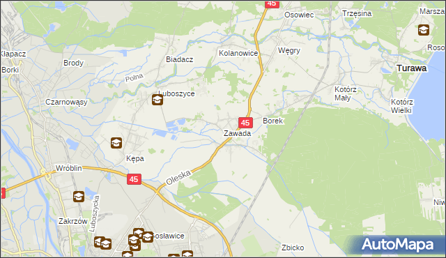 mapa Zawada gmina Turawa, Zawada gmina Turawa na mapie Targeo