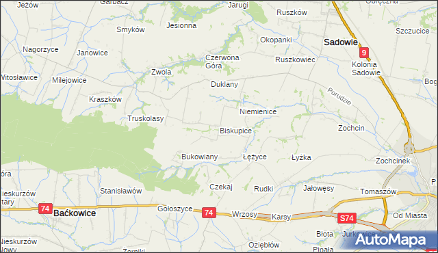 mapa Biskupice gmina Sadowie, Biskupice gmina Sadowie na mapie Targeo