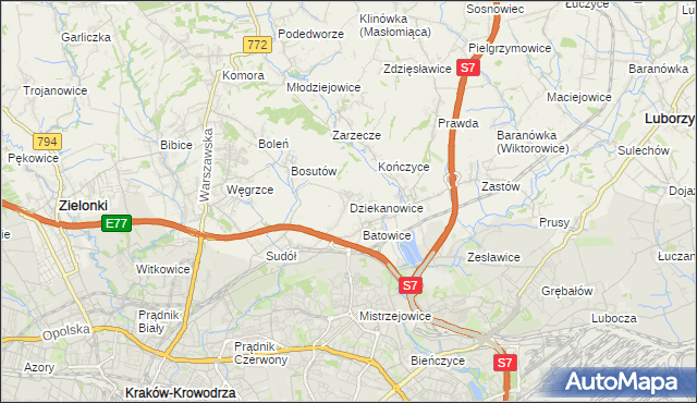 mapa Dziekanowice gmina Zielonki, Dziekanowice gmina Zielonki na mapie Targeo