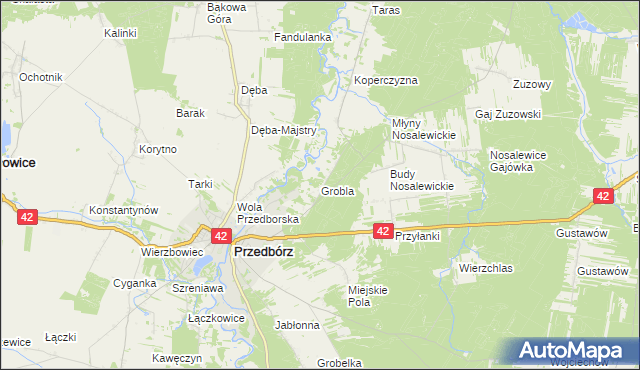 mapa Grobla gmina Przedbórz, Grobla gmina Przedbórz na mapie Targeo