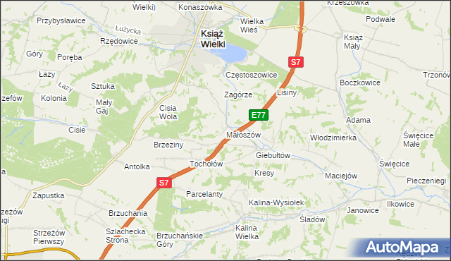 mapa Małoszów gmina Książ Wielki, Małoszów gmina Książ Wielki na mapie Targeo