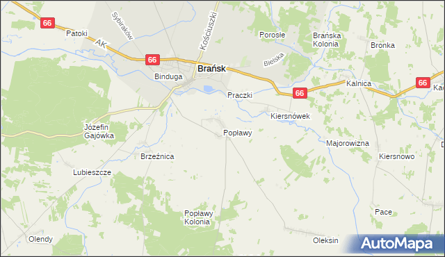 mapa Popławy gmina Brańsk, Popławy gmina Brańsk na mapie Targeo