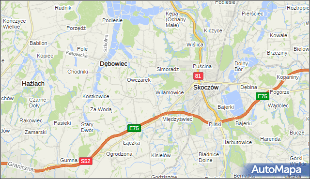 mapa Wilamowice gmina Skoczów, Wilamowice gmina Skoczów na mapie Targeo