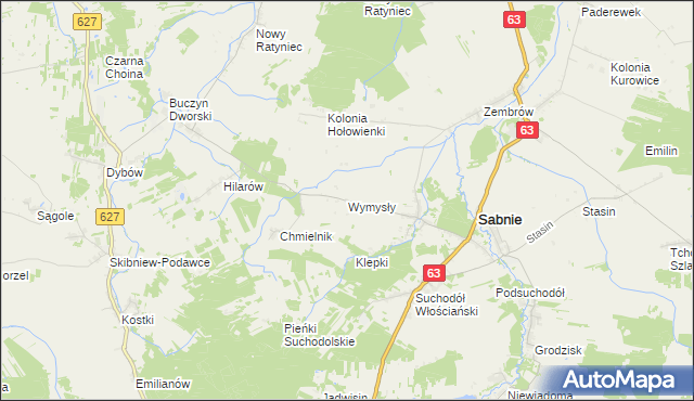 mapa Wymysły gmina Sabnie, Wymysły gmina Sabnie na mapie Targeo