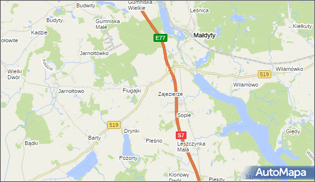mapa Zajezierze gmina Małdyty, Zajezierze gmina Małdyty na mapie Targeo