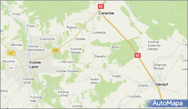 mapa Zawady gmina Ceranów, Zawady gmina Ceranów na mapie Targeo