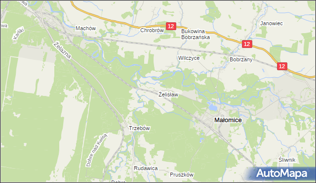 mapa Żelisław gmina Małomice, Żelisław gmina Małomice na mapie Targeo
