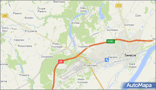 mapa Kozłowo gmina Świecie, Kozłowo gmina Świecie na mapie Targeo