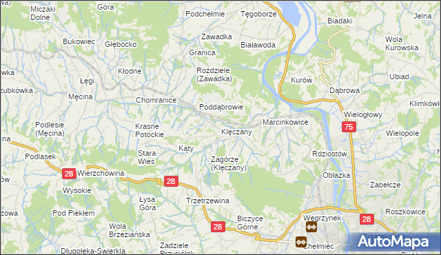 mapa Klęczany gmina Chełmiec, Klęczany gmina Chełmiec na mapie Targeo