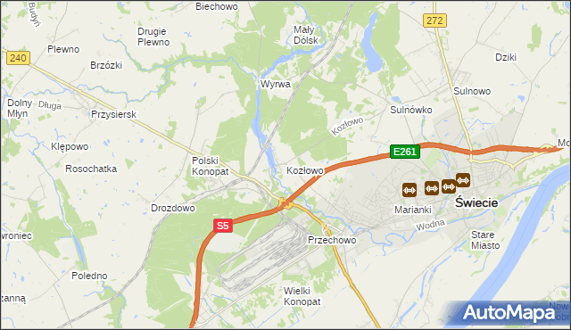 mapa Kozłowo gmina Świecie, Kozłowo gmina Świecie na mapie Targeo