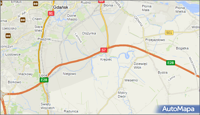 mapa Krępiec gmina Pruszcz Gdański, Krępiec gmina Pruszcz Gdański na mapie Targeo