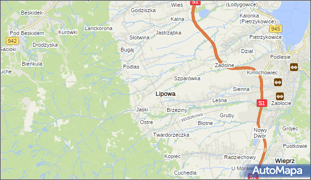 mapa Lipowa powiat żywiecki, Lipowa powiat żywiecki na mapie Targeo
