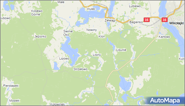 mapa Lisiny gmina Mikołajki, Lisiny gmina Mikołajki na mapie Targeo