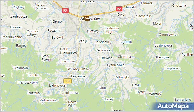 mapa Sułkowice gmina Andrychów, Sułkowice gmina Andrychów na mapie Targeo