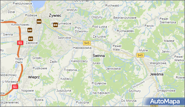 mapa Świnna powiat żywiecki, Świnna powiat żywiecki na mapie Targeo