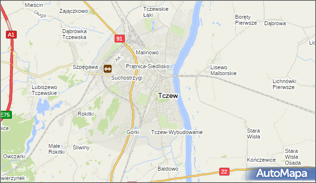 mapa Tczew, Tczew na mapie Targeo