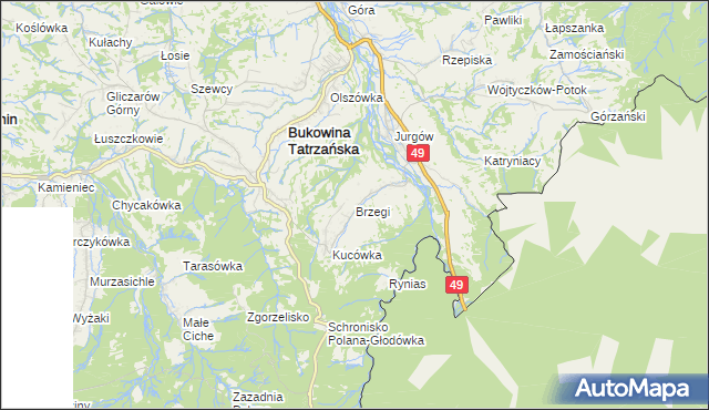 mapa Brzegi gmina Bukowina Tatrzańska, Brzegi gmina Bukowina Tatrzańska na mapie Targeo