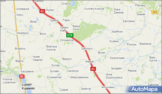 mapa Siemiony gmina Lubień Kujawski, Siemiony gmina Lubień Kujawski na mapie Targeo