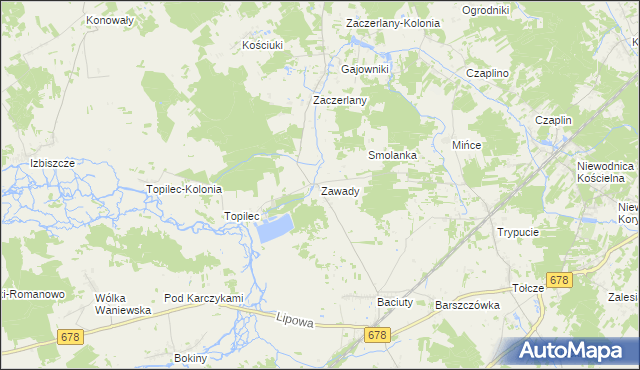 mapa Zawady gmina Turośń Kościelna, Zawady gmina Turośń Kościelna na mapie Targeo