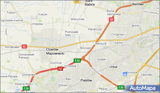 mapa Bronisze gmina Ożarów Mazowiecki, Bronisze gmina Ożarów Mazowiecki na mapie Targeo