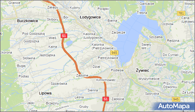 mapa Pietrzykowice gmina Łodygowice, Pietrzykowice gmina Łodygowice na mapie Targeo