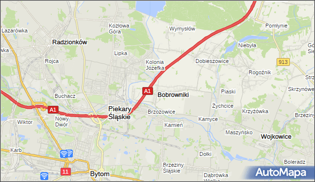 mapa Bobrowniki powiat będziński, Bobrowniki powiat będziński na mapie Targeo