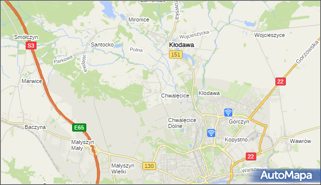 mapa Chwalęcice gmina Kłodawa, Chwalęcice gmina Kłodawa na mapie Targeo