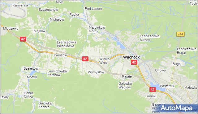 mapa Wielka Wieś gmina Wąchock, Wielka Wieś gmina Wąchock na mapie Targeo