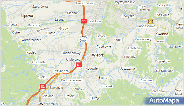 mapa Wieprz gmina Radziechowy-Wieprz, Wieprz gmina Radziechowy-Wieprz na mapie Targeo