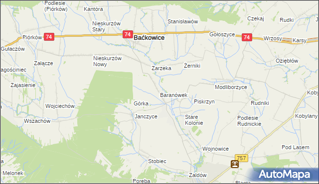 mapa Baranówek gmina Baćkowice, Baranówek gmina Baćkowice na mapie Targeo