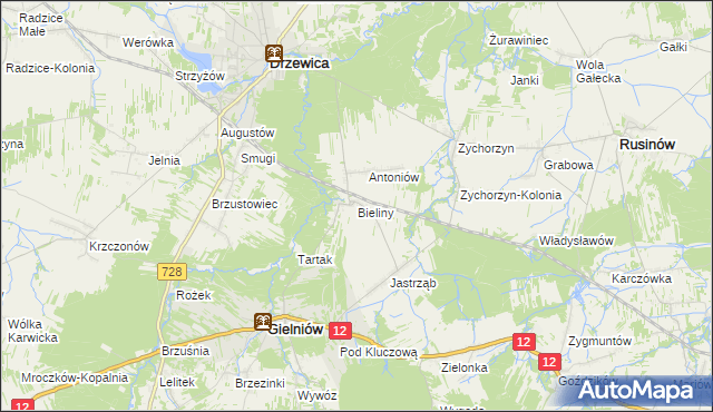 mapa Bieliny gmina Gielniów, Bieliny gmina Gielniów na mapie Targeo