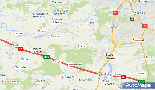 mapa Branno gmina Rzgów, Branno gmina Rzgów na mapie Targeo