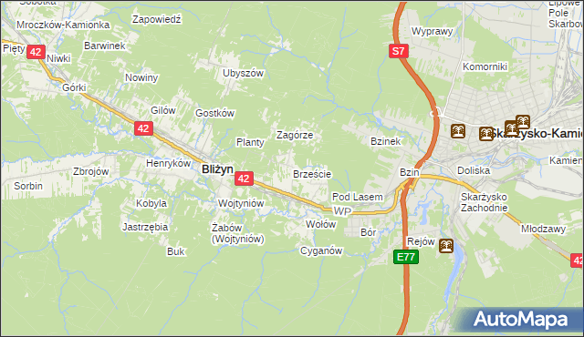 mapa Brzeście gmina Bliżyn, Brzeście gmina Bliżyn na mapie Targeo