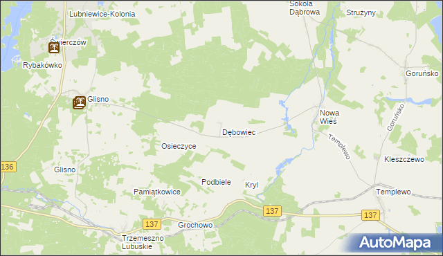mapa Dębowiec gmina Bledzew, Dębowiec gmina Bledzew na mapie Targeo