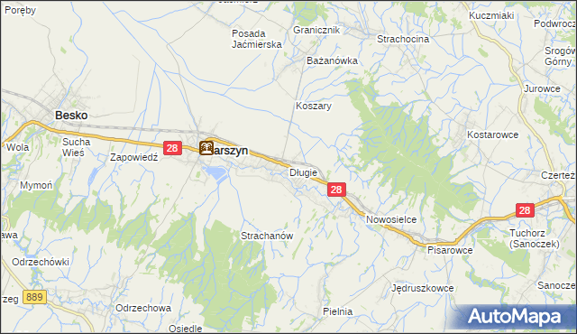 mapa Długie gmina Zarszyn, Długie gmina Zarszyn na mapie Targeo