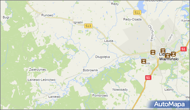 mapa Długołęka gmina Lidzbark Warmiński, Długołęka gmina Lidzbark Warmiński na mapie Targeo