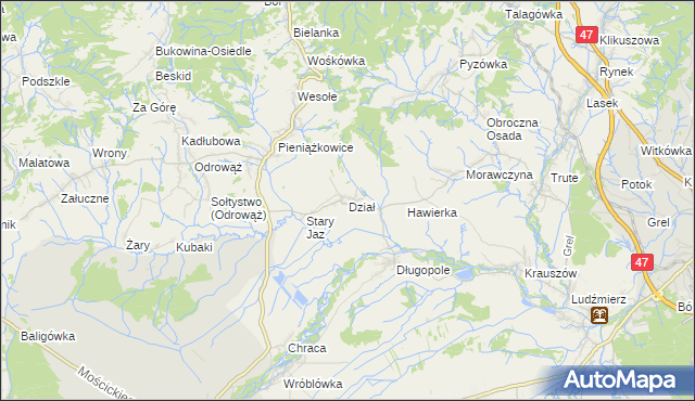 mapa Dział gmina Czarny Dunajec, Dział gmina Czarny Dunajec na mapie Targeo