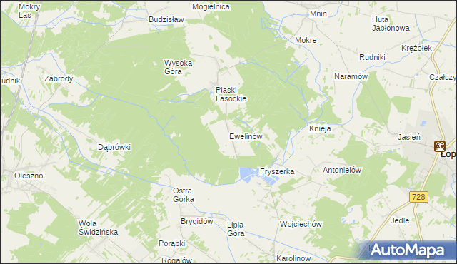 mapa Ewelinów gmina Łopuszno, Ewelinów gmina Łopuszno na mapie Targeo