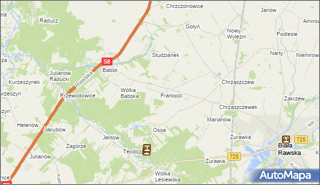 mapa Franopol gmina Biała Rawska, Franopol gmina Biała Rawska na mapie Targeo