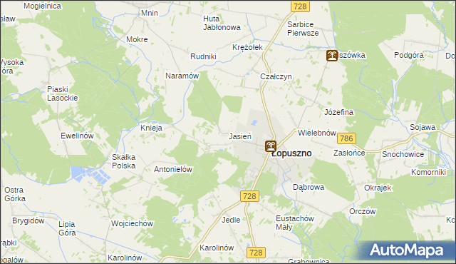 mapa Jasień gmina Łopuszno, Jasień gmina Łopuszno na mapie Targeo