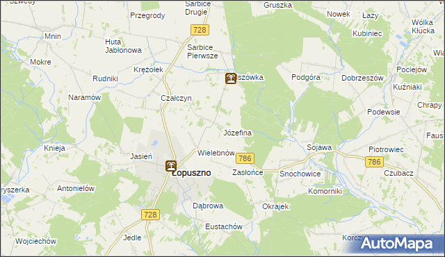 mapa Józefina gmina Łopuszno, Józefina gmina Łopuszno na mapie Targeo