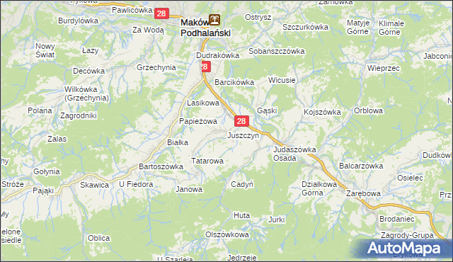 mapa Juszczyn gmina Maków Podhalański, Juszczyn gmina Maków Podhalański na mapie Targeo